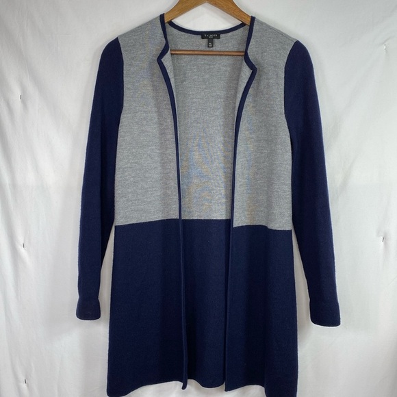 Talbots MP Merino Wool Blend Open Front Long Line Color Block Navy/Gray Cardigan - Picture 1 of 5